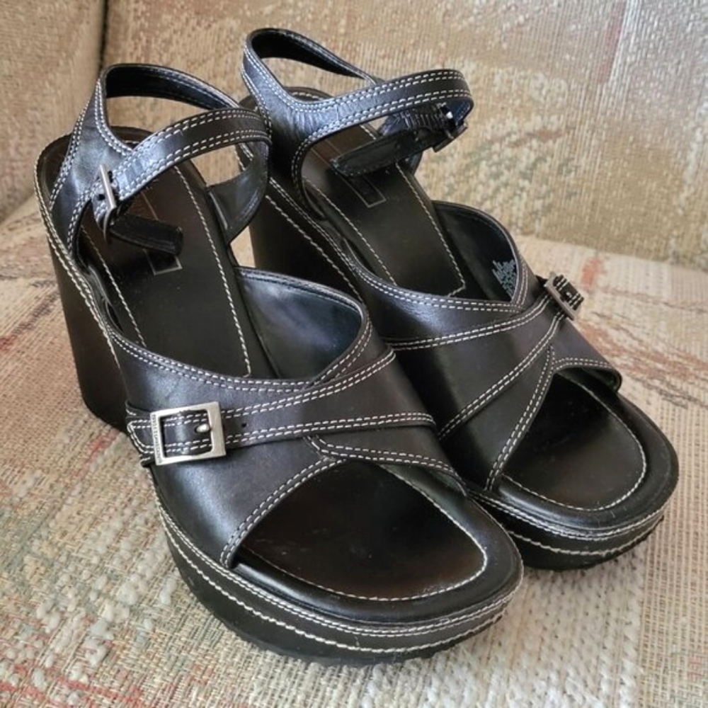 HARLEY DAVIDSON Women's Black Platform Wedge Sandals + White Stitching Size 8M